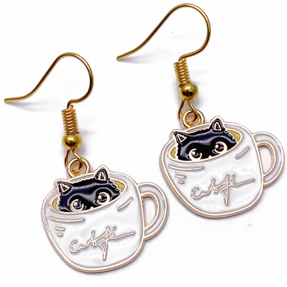 A Kitty in a Coffee Mug Enamel Charm Gold Plated Earrings