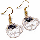A Kitty in a Coffee Mug Enamel Charm Gold Tone Earrings