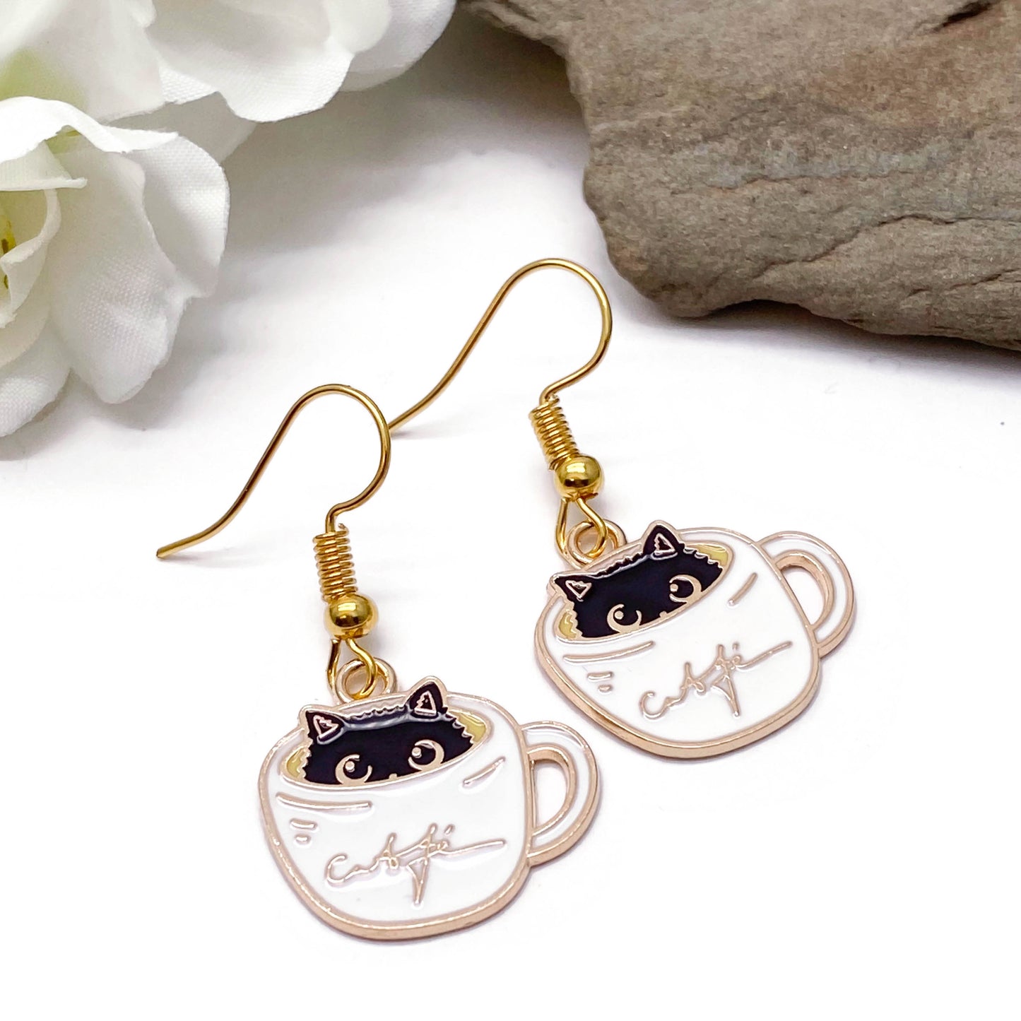 A Kitty in a Coffee Mug Enamel Charm Gold Plated Earrings