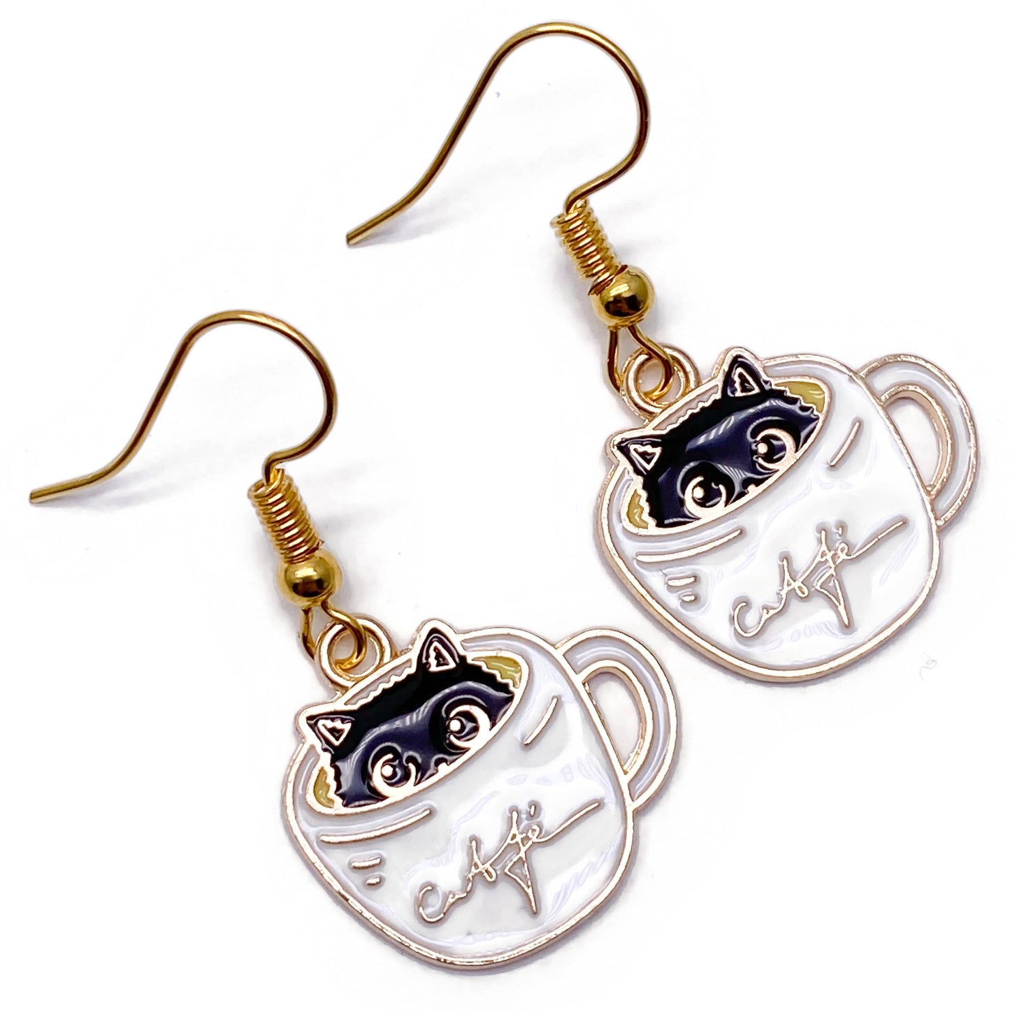A Kitty in a Coffee Mug Enamel Charm Gold Plated Earrings