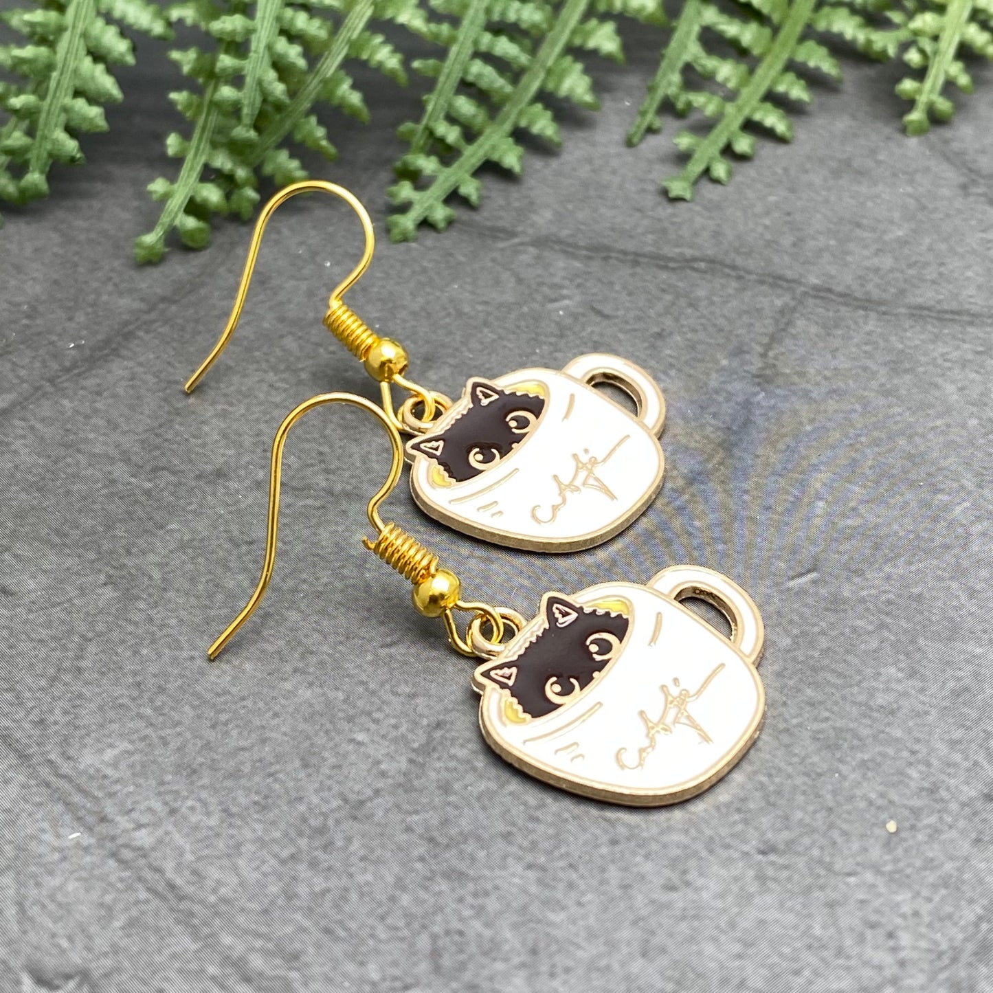 A Kitty in a Coffee Mug Enamel Charm Gold Plated Earrings