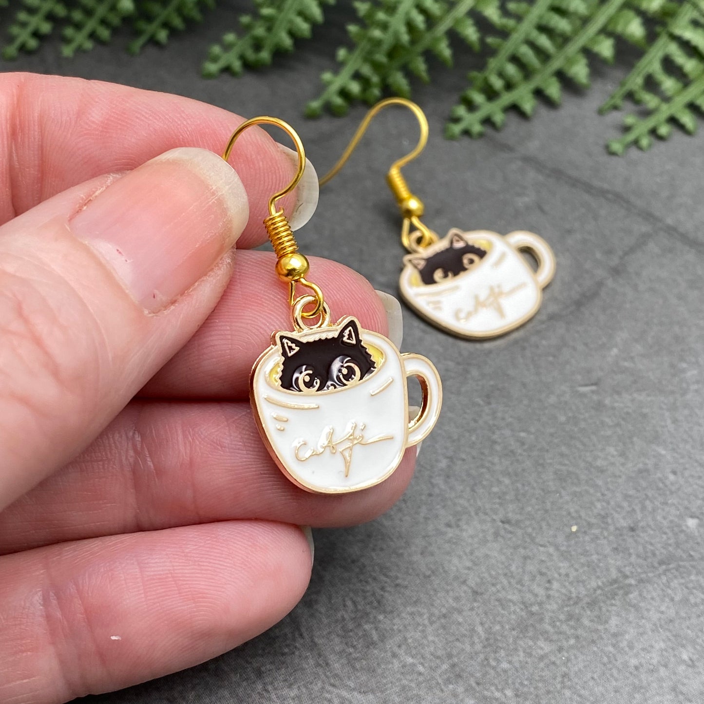 A Kitty in a Coffee Mug Enamel Charm Gold Plated Earrings