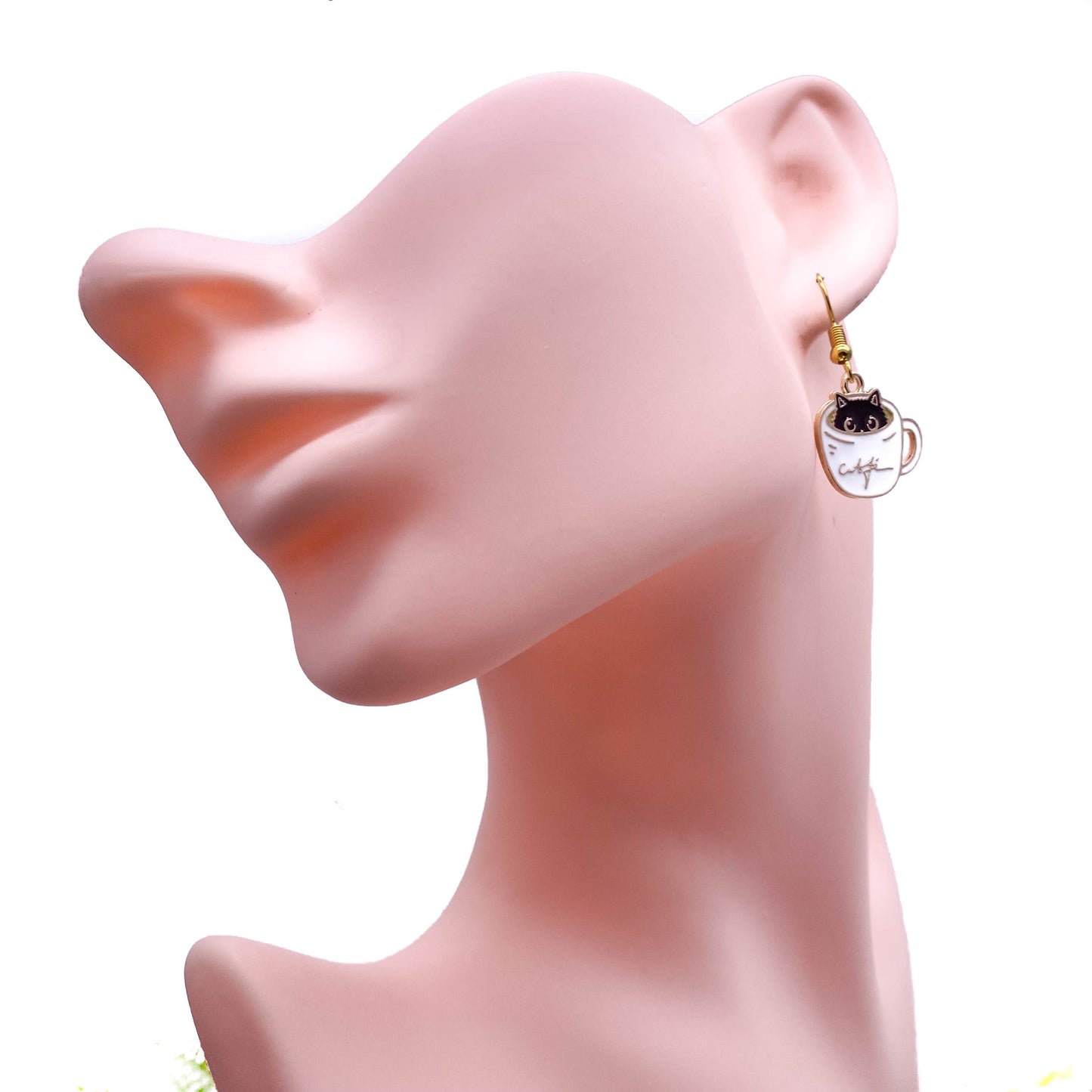 A Kitty in a Coffee Mug Enamel Charm Gold Plated Earrings