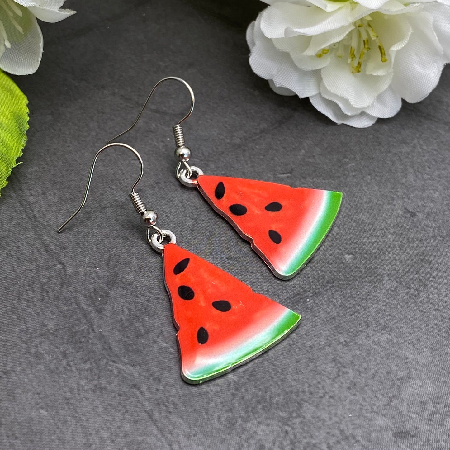 Watermelon Earrings, Red and Green Enamel Charms