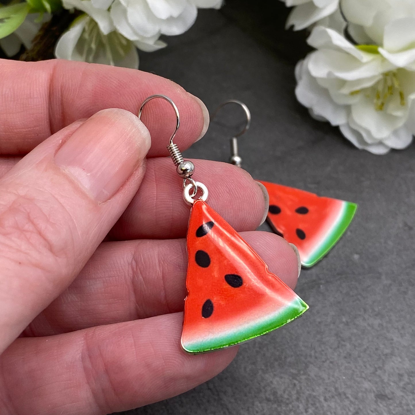 Watermelon Earrings, Red and Green Enamel Charms