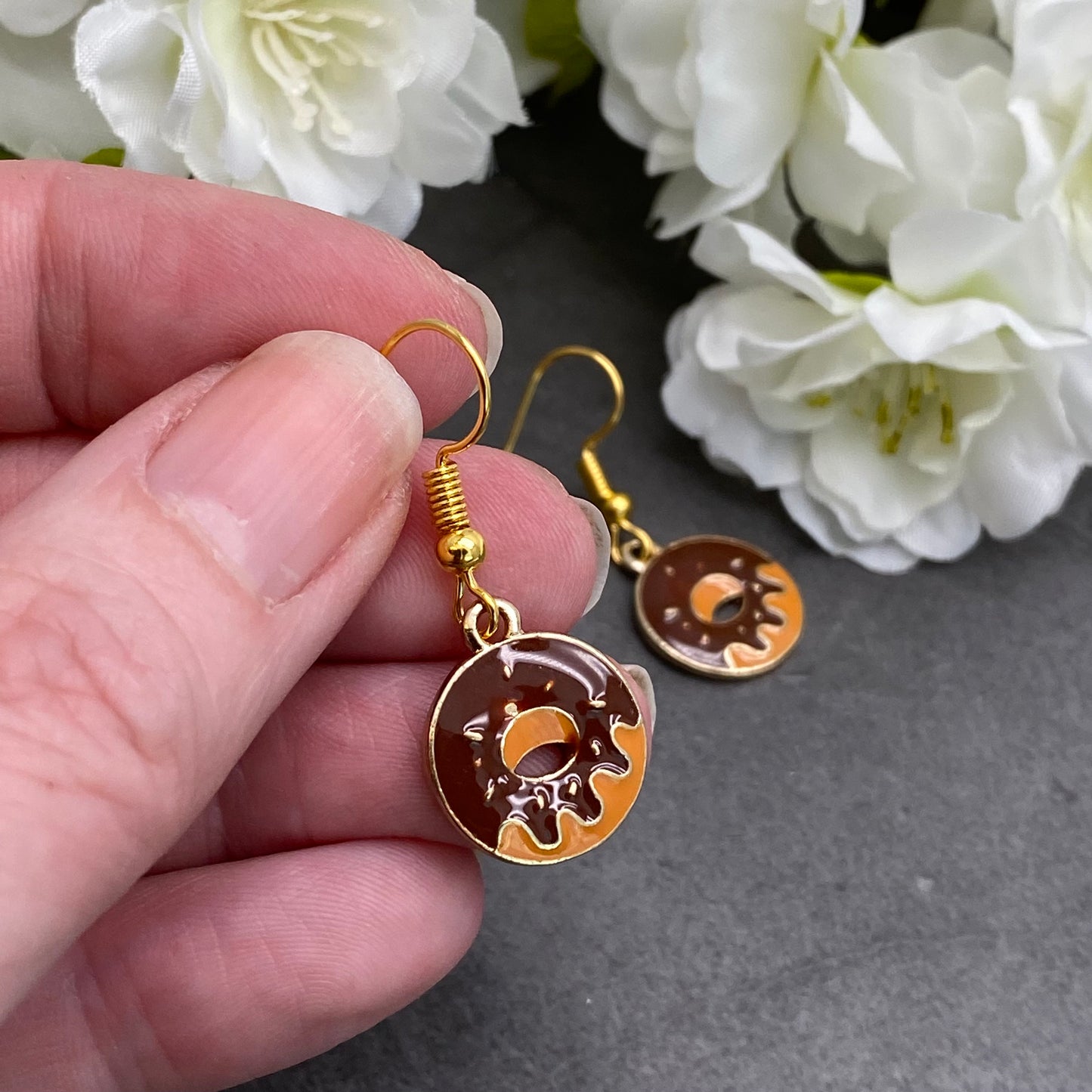 Chocolate Doughnut Earrings, Brown Enamel Charms