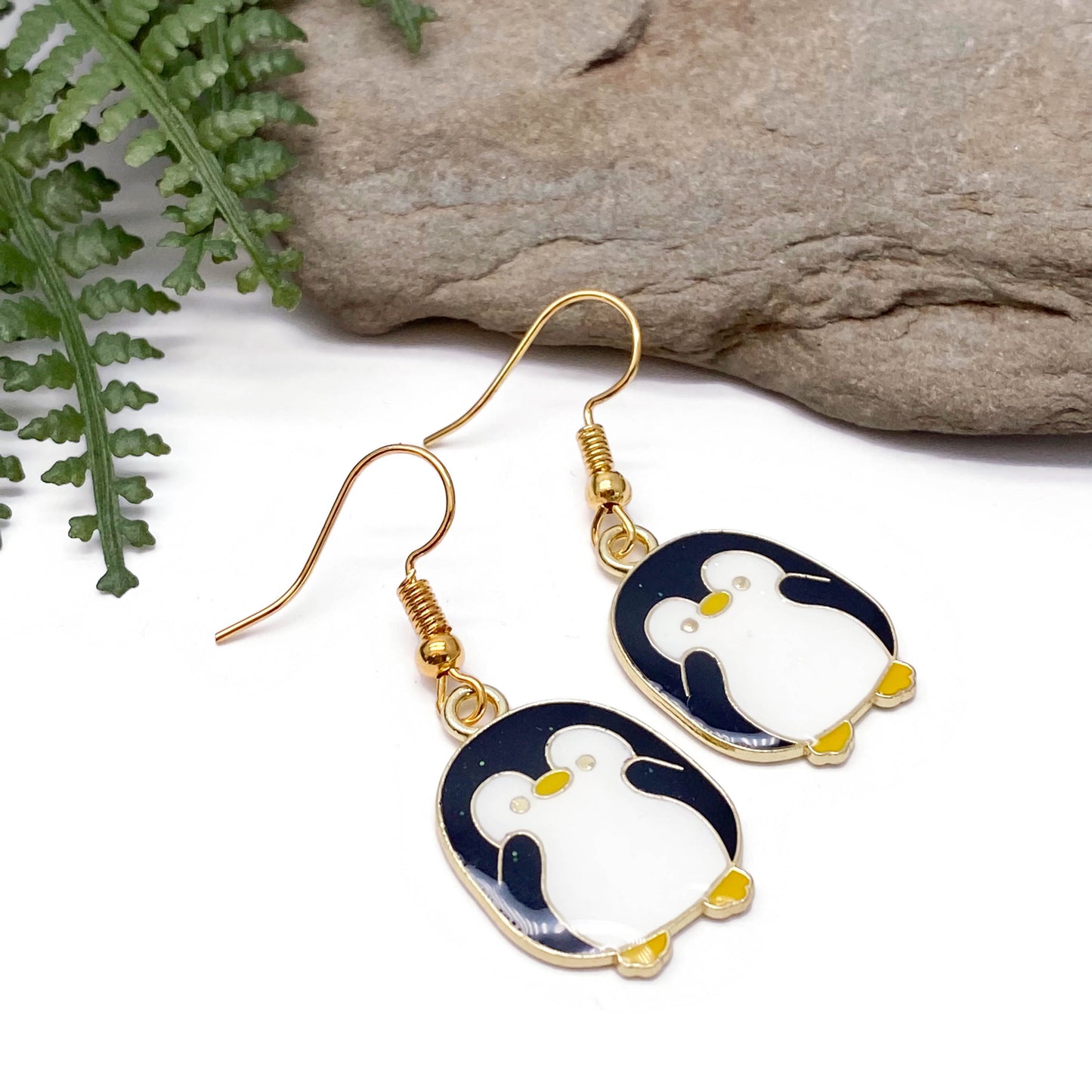 Penguin Earrings, Black and White Enamel Charms