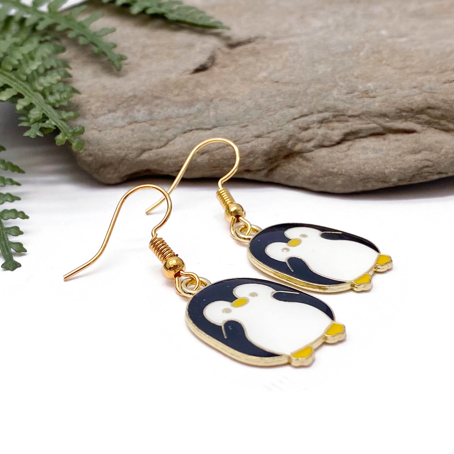 Penguin Earrings, Black and White Enamel Charms