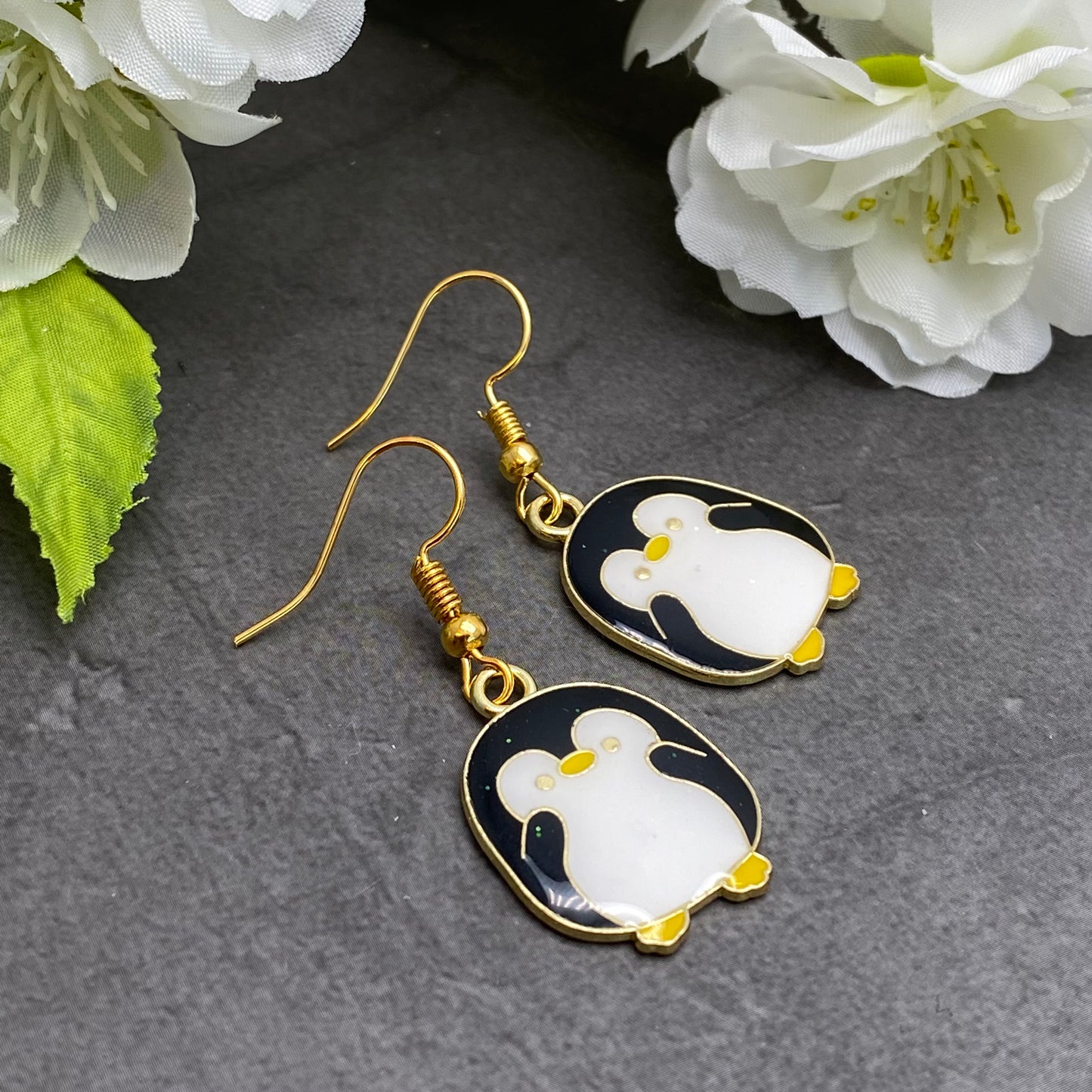 Penguin Earrings, Black and White Enamel Charms