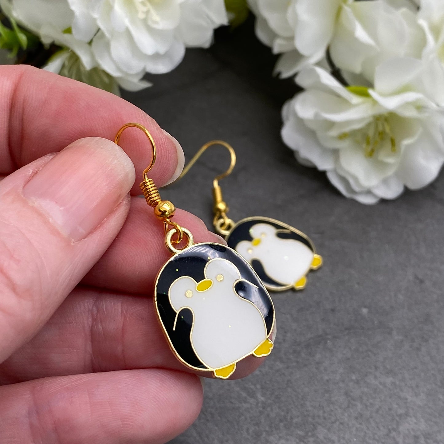 Penguin Earrings, Black and White Enamel Charms