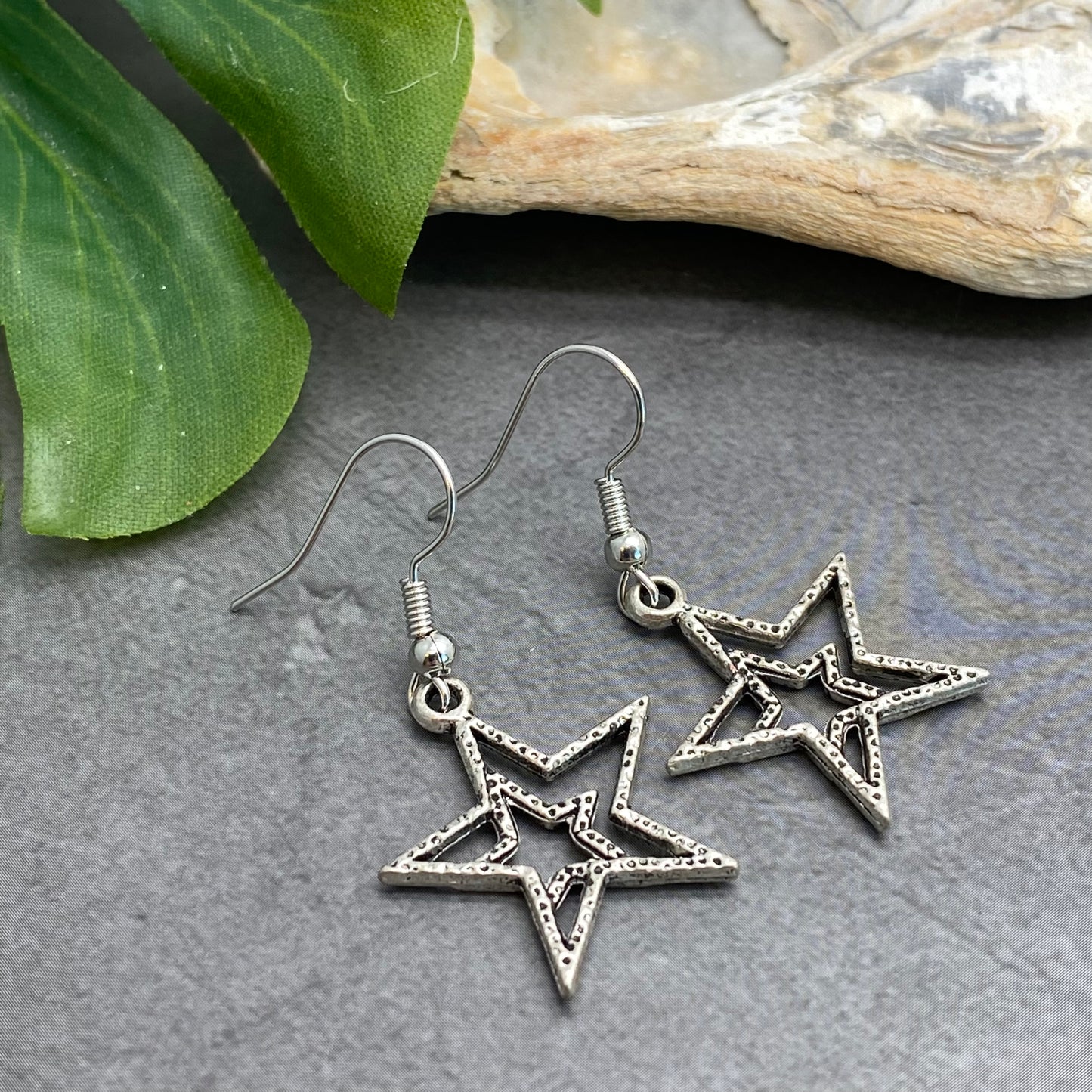 Double Star Earrings, Silver Plated Charm Beads