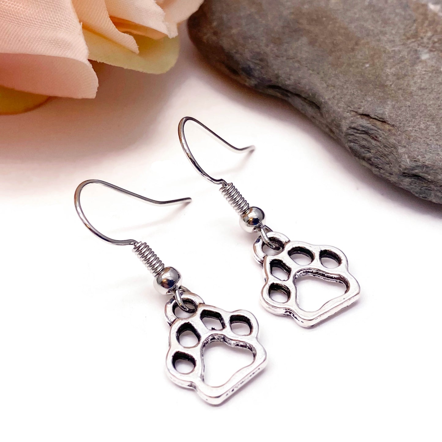 Paw Print Earrings, Cute Silver Plated Charms