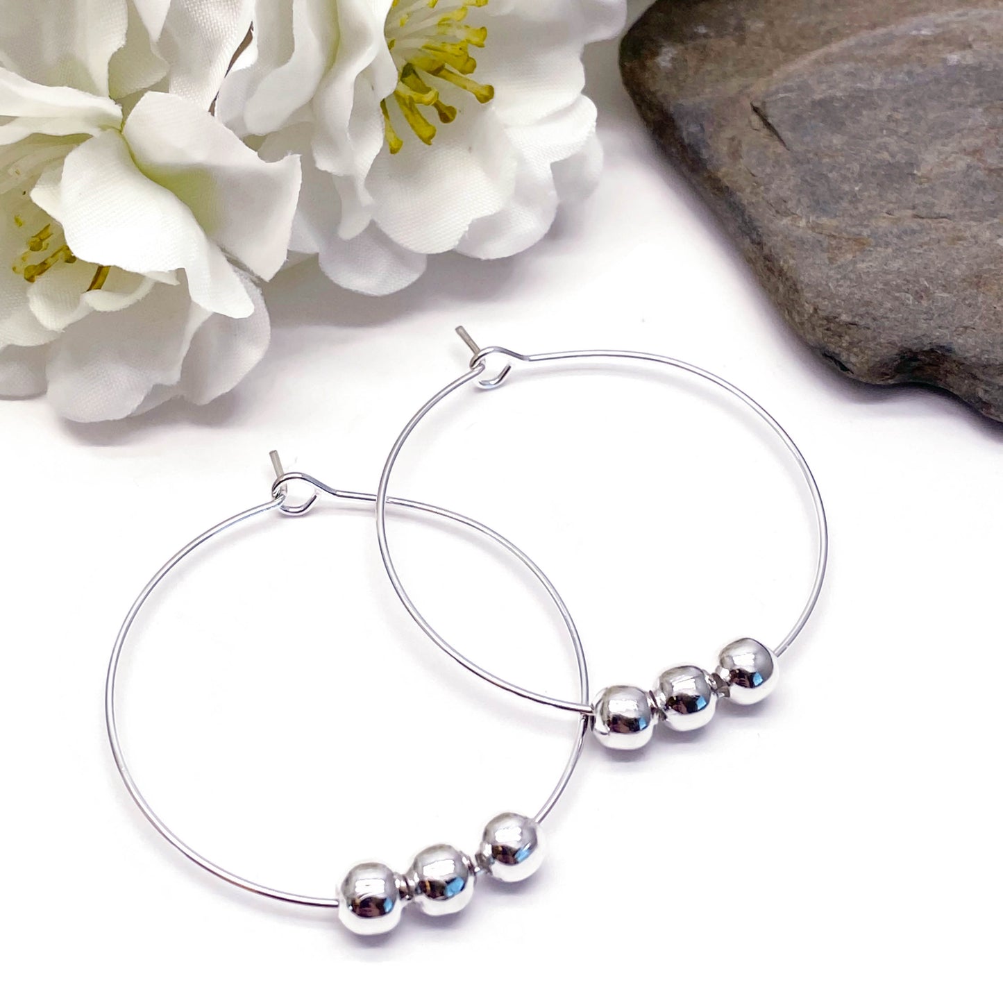 Plain Hoop Earrings, Silver Plated Beads : 35mm Diameter