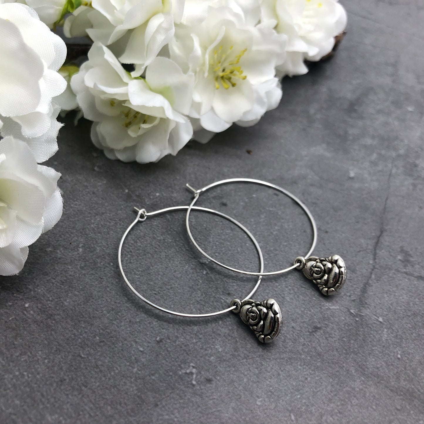 Buddha Charm Silver Plated Hoop Earrings : 35mm Diameter