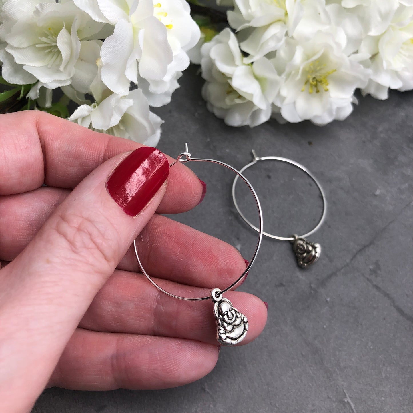 Buddha Charm Silver Plated Hoop Earrings : 35mm Diameter