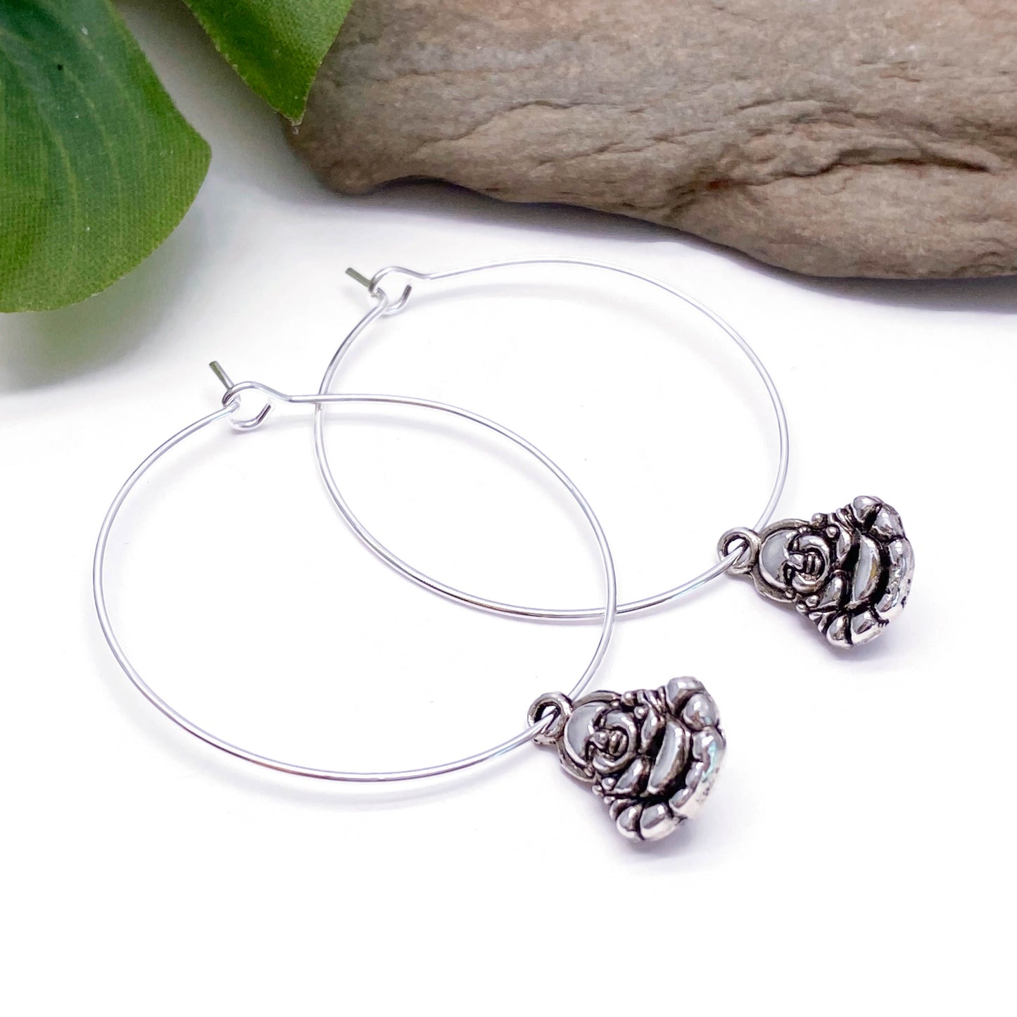 Buddha Charm Silver Plated Hoop Earrings : 35mm Diameter