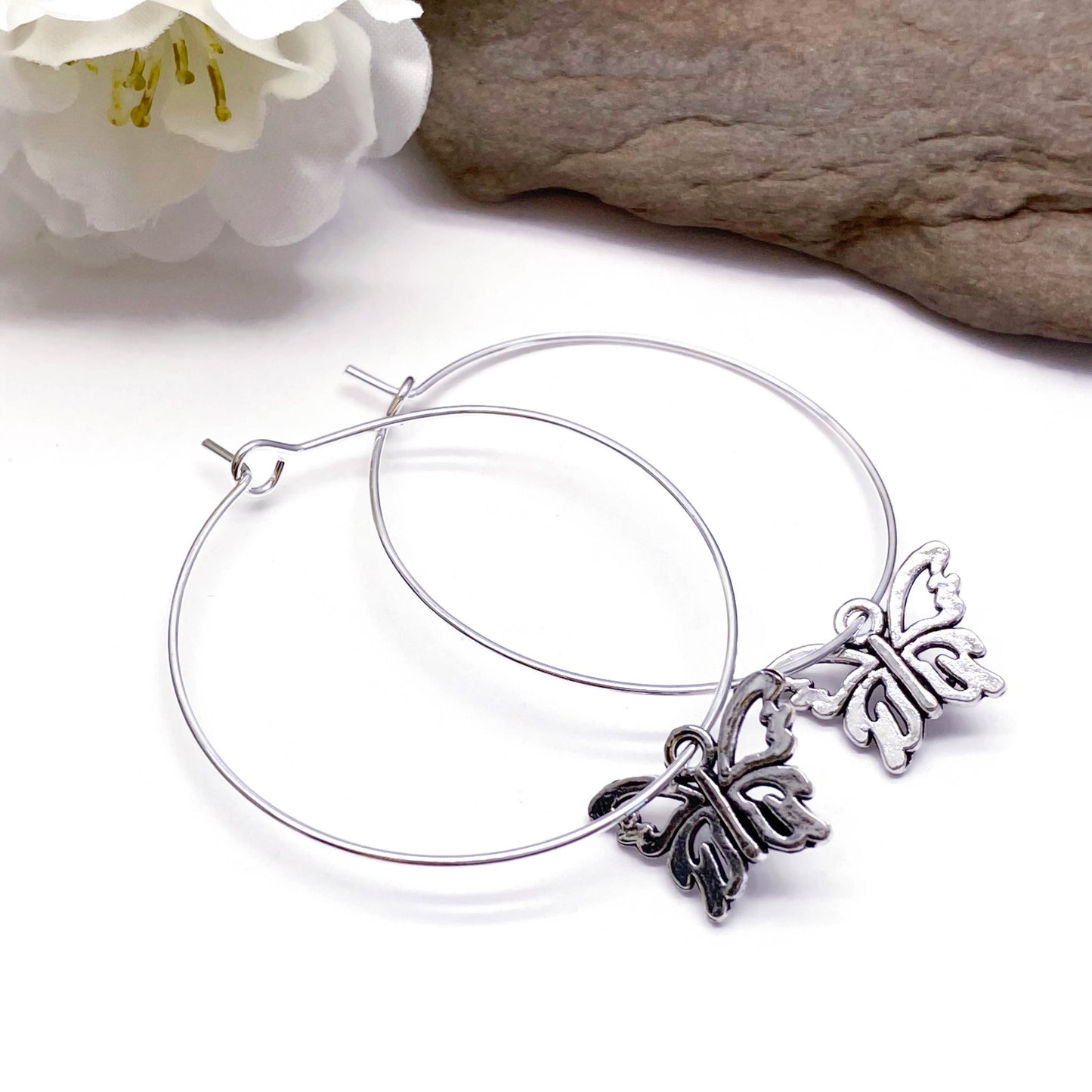Butterfly Charm Silver Plated Hoop Earrings : 35mm Diameter