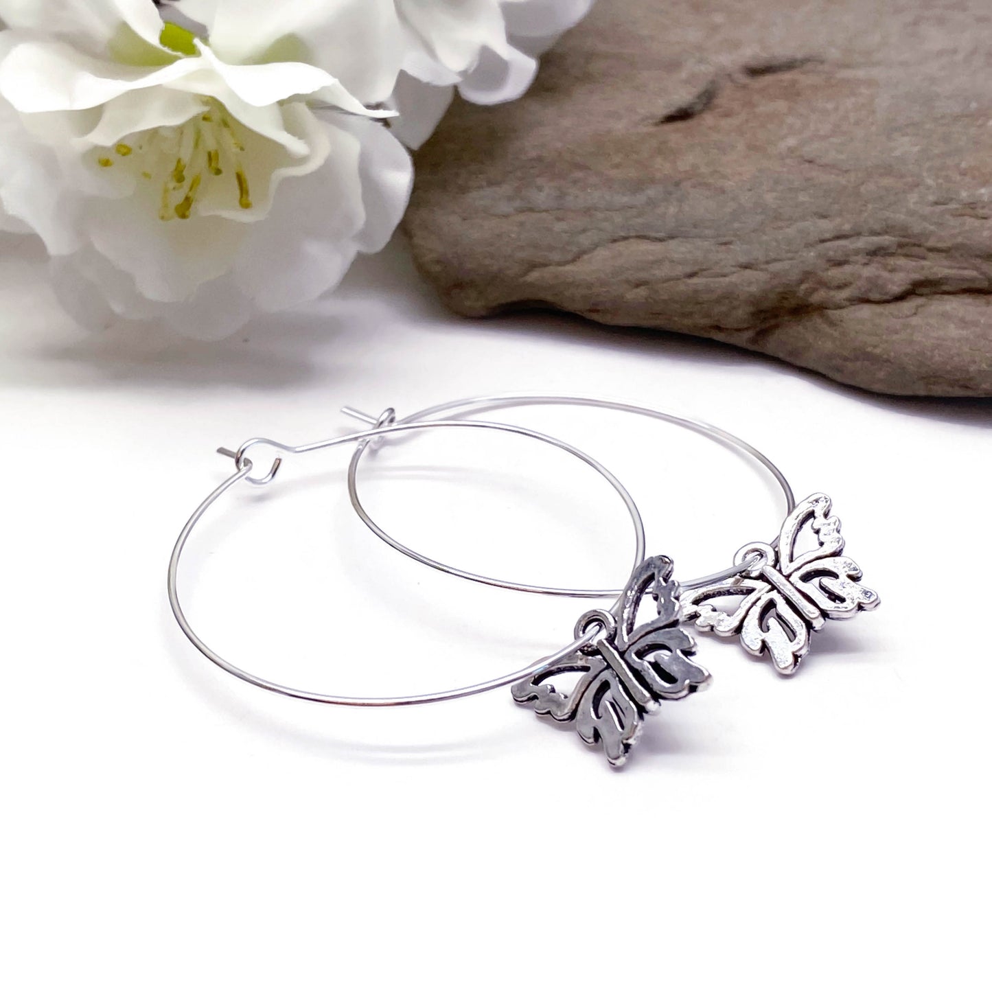 Butterfly Charm Silver Plated Hoop Earrings : 35mm Diameter