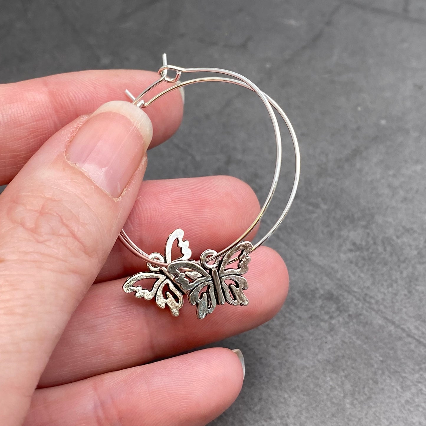 Butterfly Charm Silver Plated Hoop Earrings : 35mm Diameter
