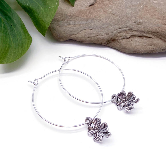 Lucky Clover Charm Silver Tone Hoops 35mm