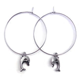 Dolphin Charm Silver Tone Hoop Earrings 35mm
