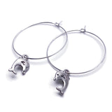 Dolphin Charm Silver Tone Hoop Earrings 35mm