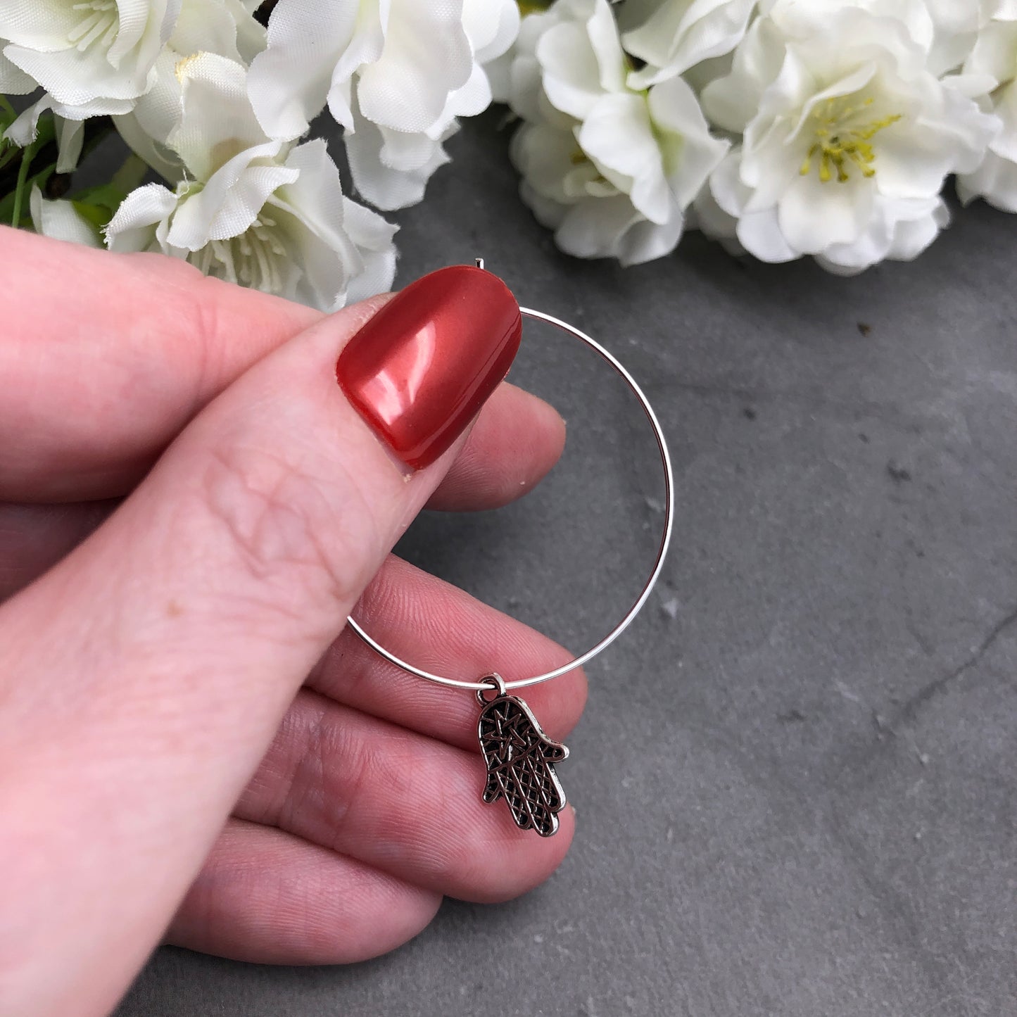 Hamsa Hand Silver Plated Hoop Earrings : 35mm Diameter