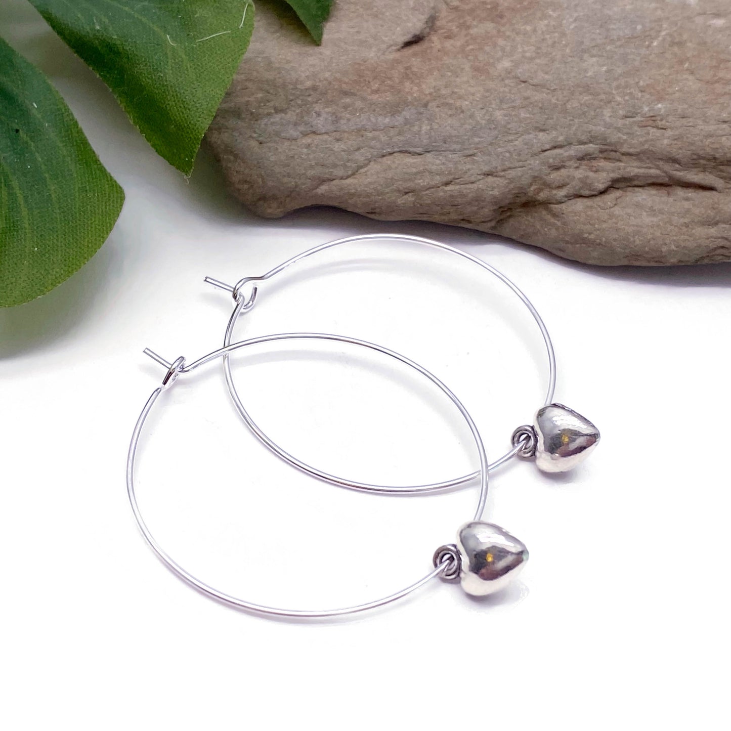 Heart Charm Silver Plated Hoop Earrings : 35mm Diameter