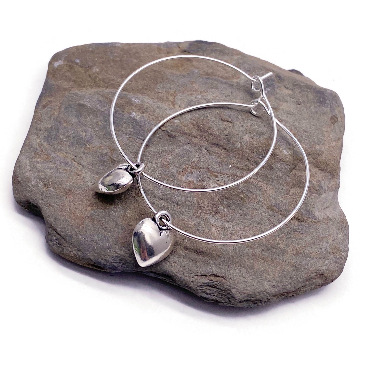 Heart Charm Silver Plated Hoop Earrings : 35mm Diameter