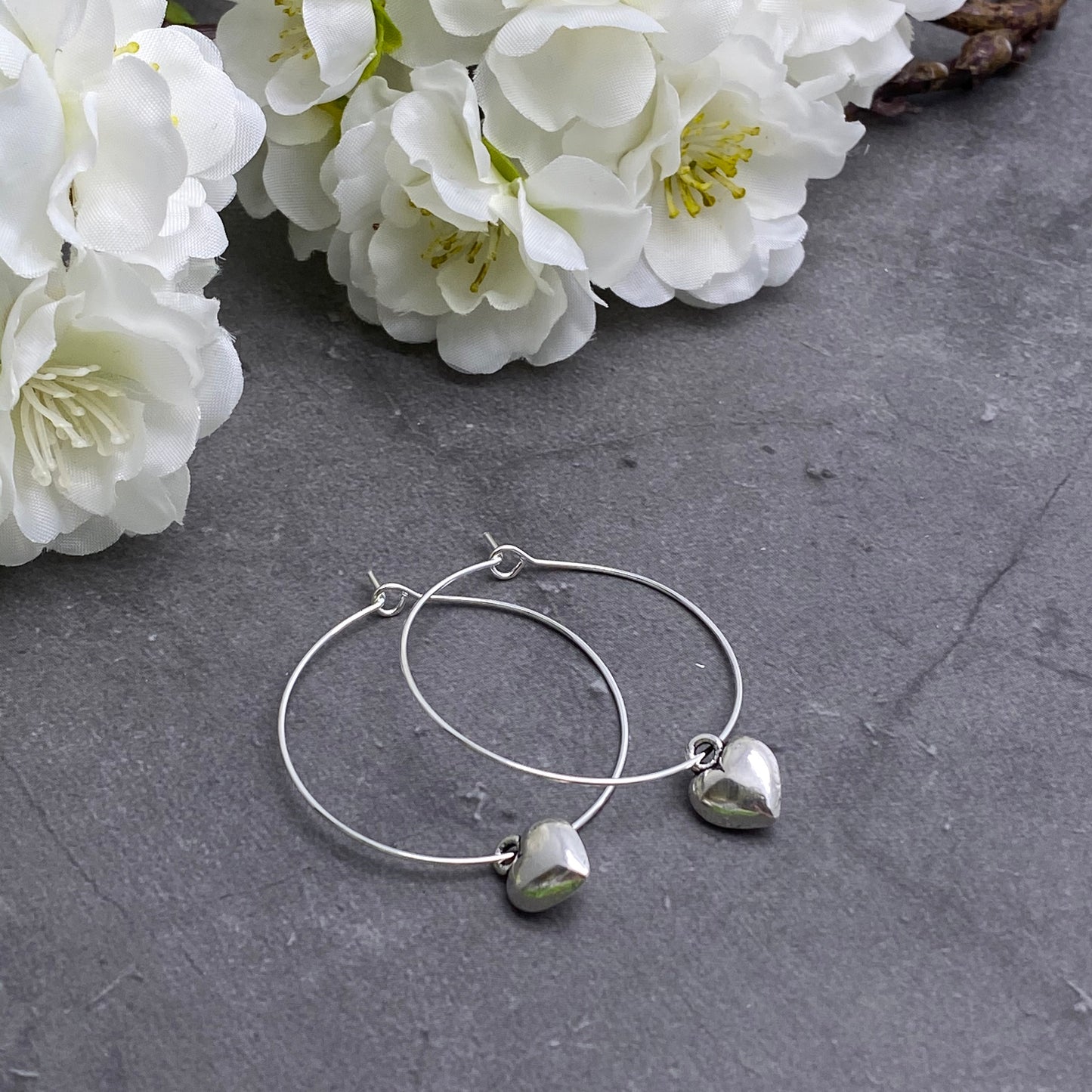 Heart Charm Silver Plated Hoop Earrings : 35mm Diameter