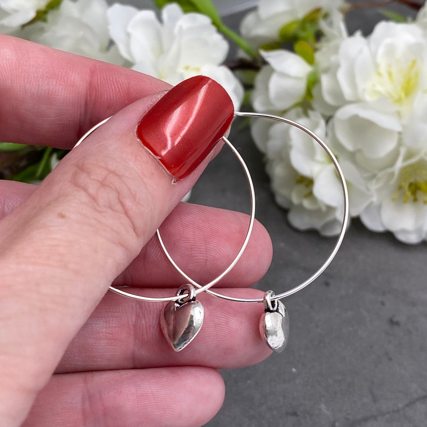 Heart Charm Silver Plated Hoop Earrings : 35mm Diameter