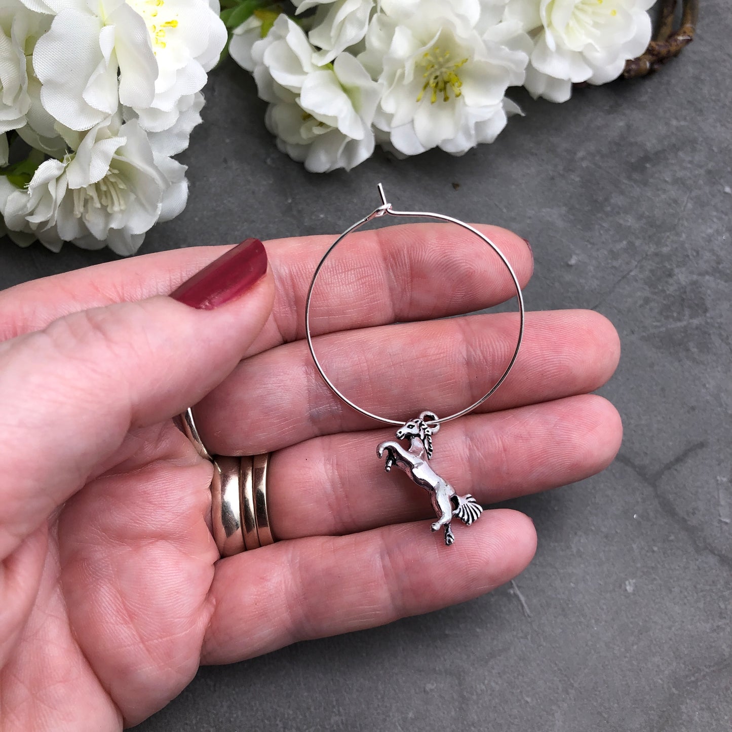 Horse Charm Silver Plated Hoop Earrings : 35mm Diameter