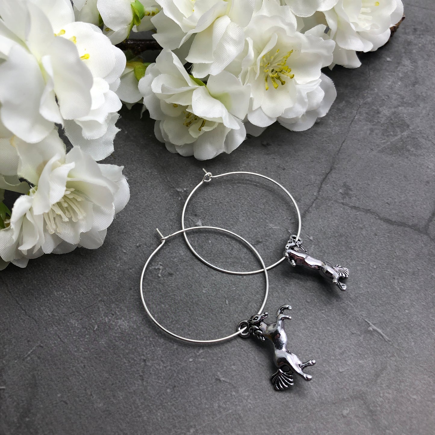 Horse Charm Silver Plated Hoop Earrings : 35mm Diameter