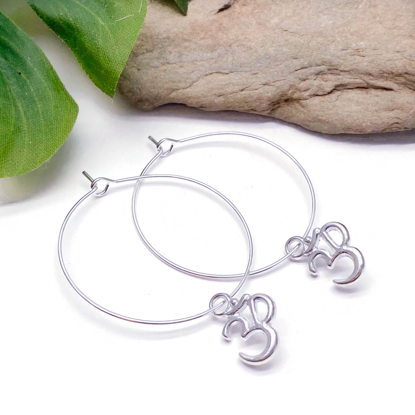 Ohm Charm Silver Plated Hoop Earrings : 35mm Diameter