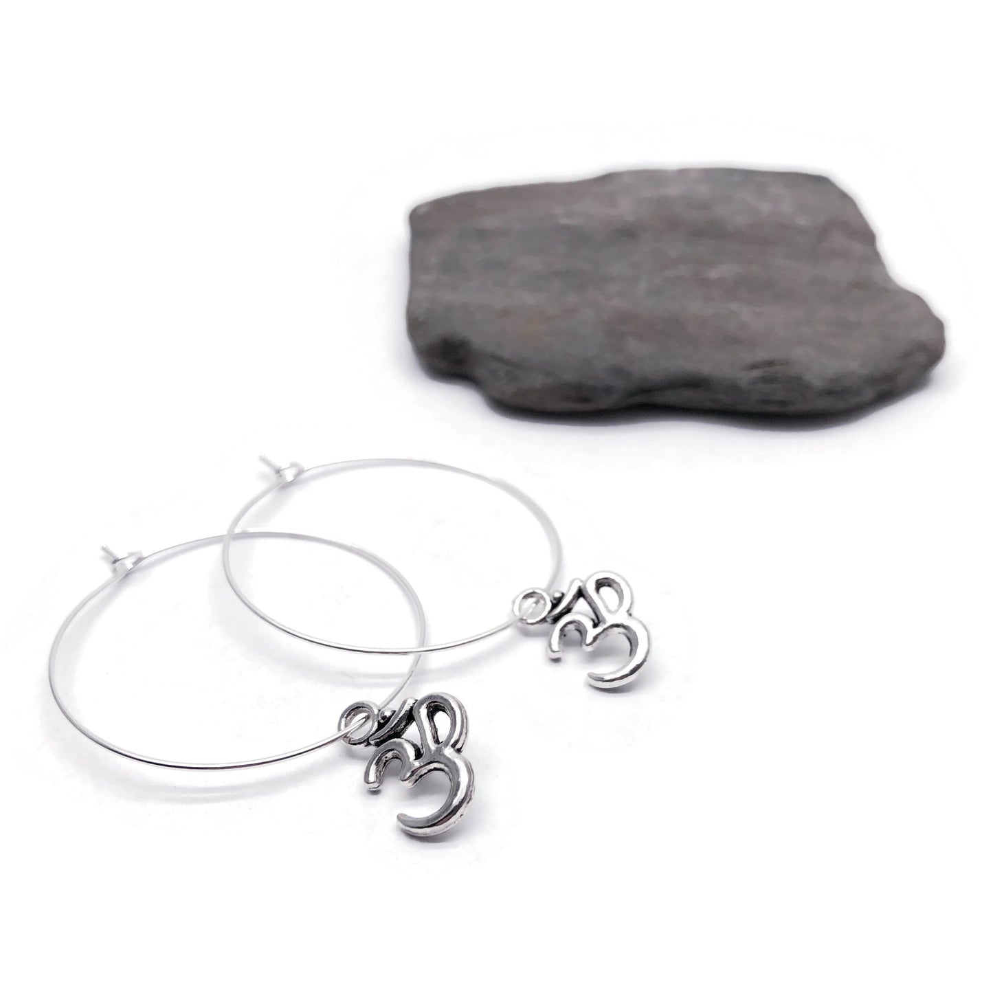Ohm Charm Silver Plated Hoop Earrings : 35mm Diameter