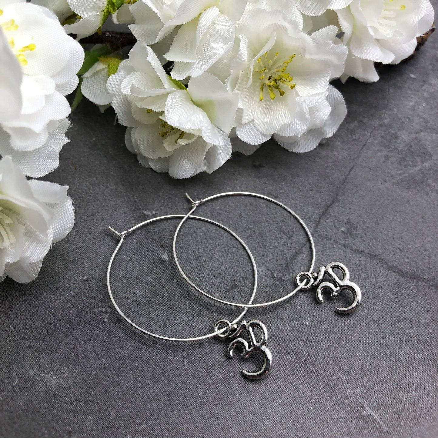 Ohm Charm Silver Plated Hoop Earrings : 35mm Diameter
