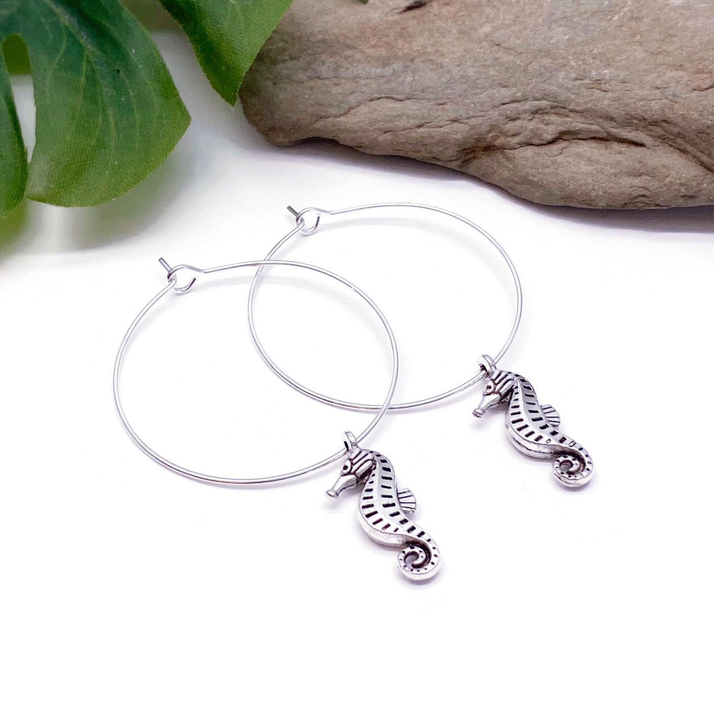 Seahorse Charm Silver Plated Hoop Earrings : 35mm Diameter