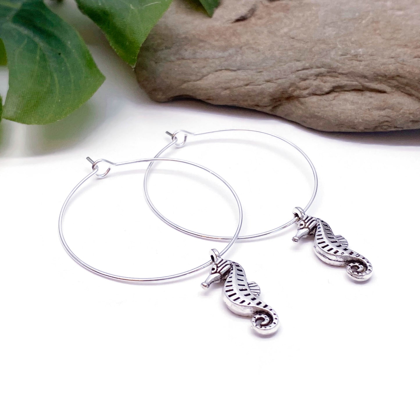 Seahorse Charm Silver Plated Hoop Earrings : 35mm Diameter