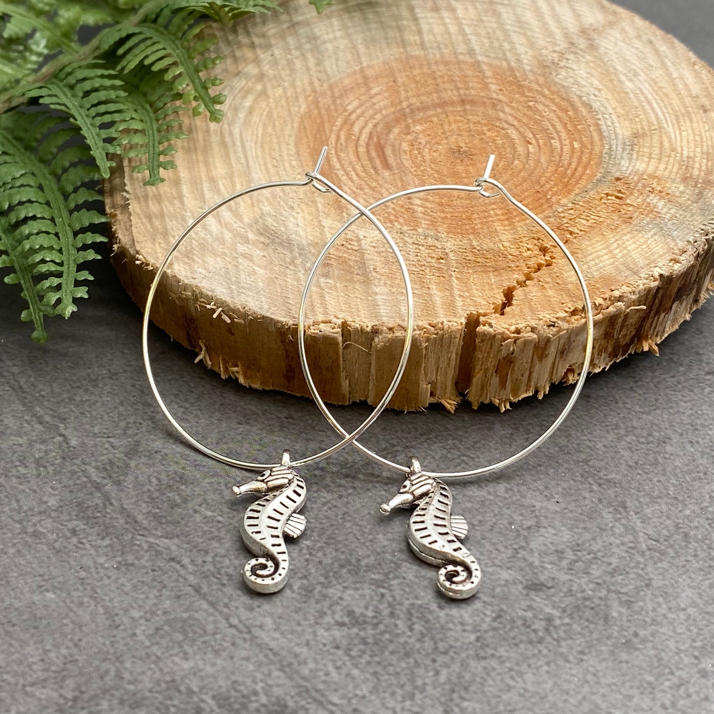 Seahorse Charm Silver Plated Hoop Earrings : 35mm Diameter