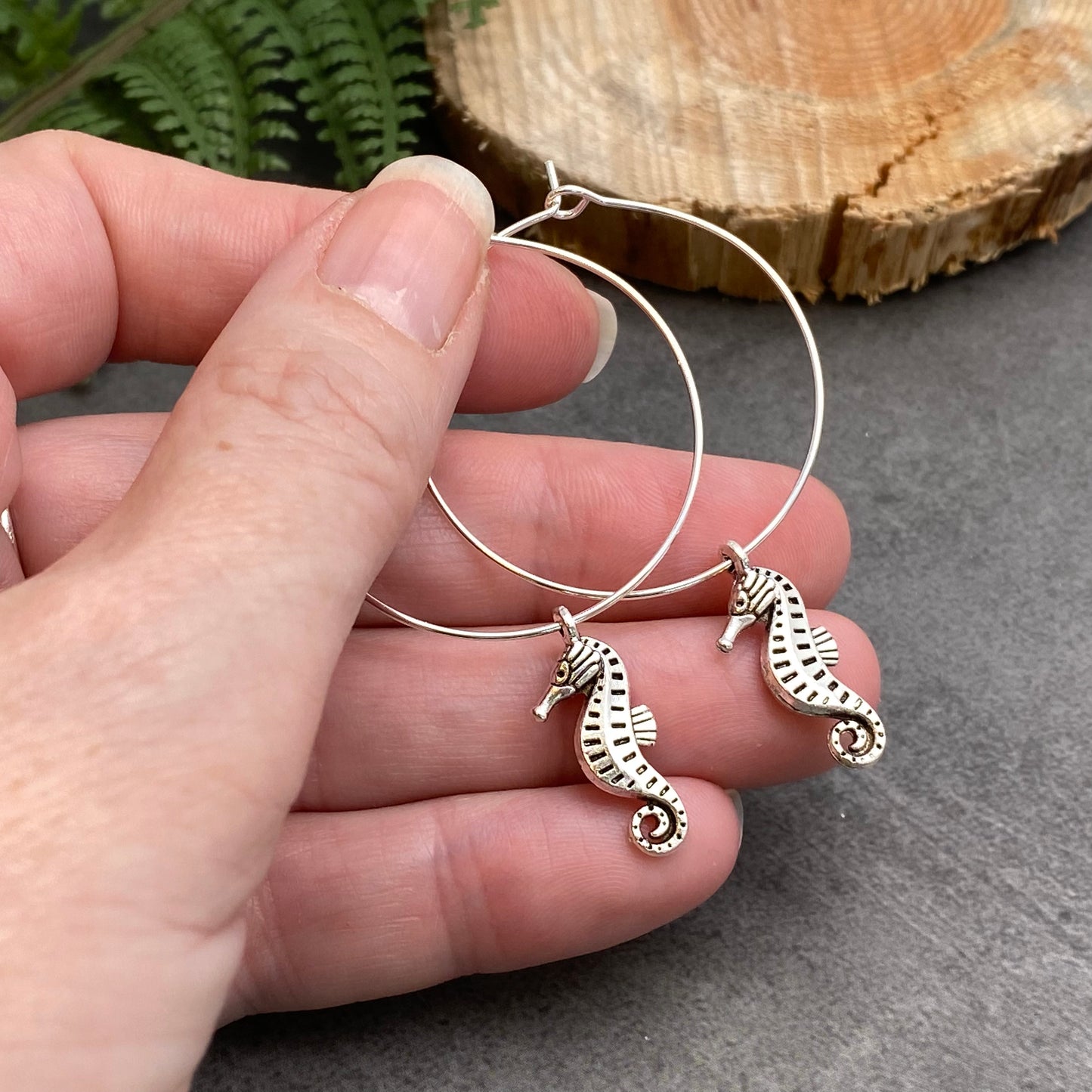 Seahorse Charm Silver Plated Hoop Earrings : 35mm Diameter