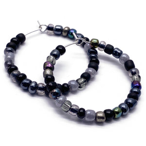 Black and Grey Glass Seed Bead Hoops : 35mm Diameter