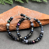 Black Mix Glass Seed Beads Silver Hoops 35mm
