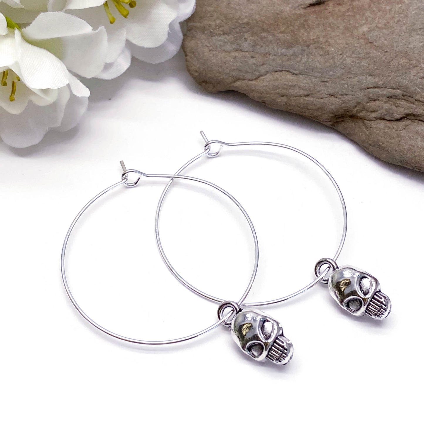 Skull Charm Silver Plated Hoop Earrings : 35mm Diameter