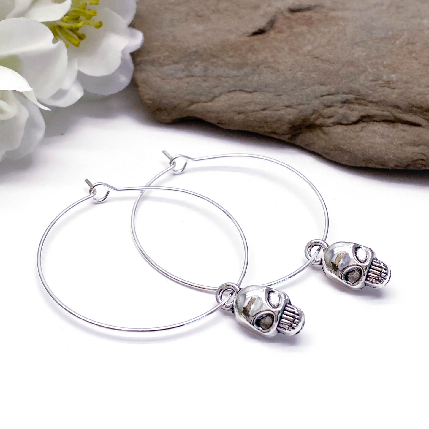 Skull Charm Silver Plated Hoop Earrings : 35mm Diameter