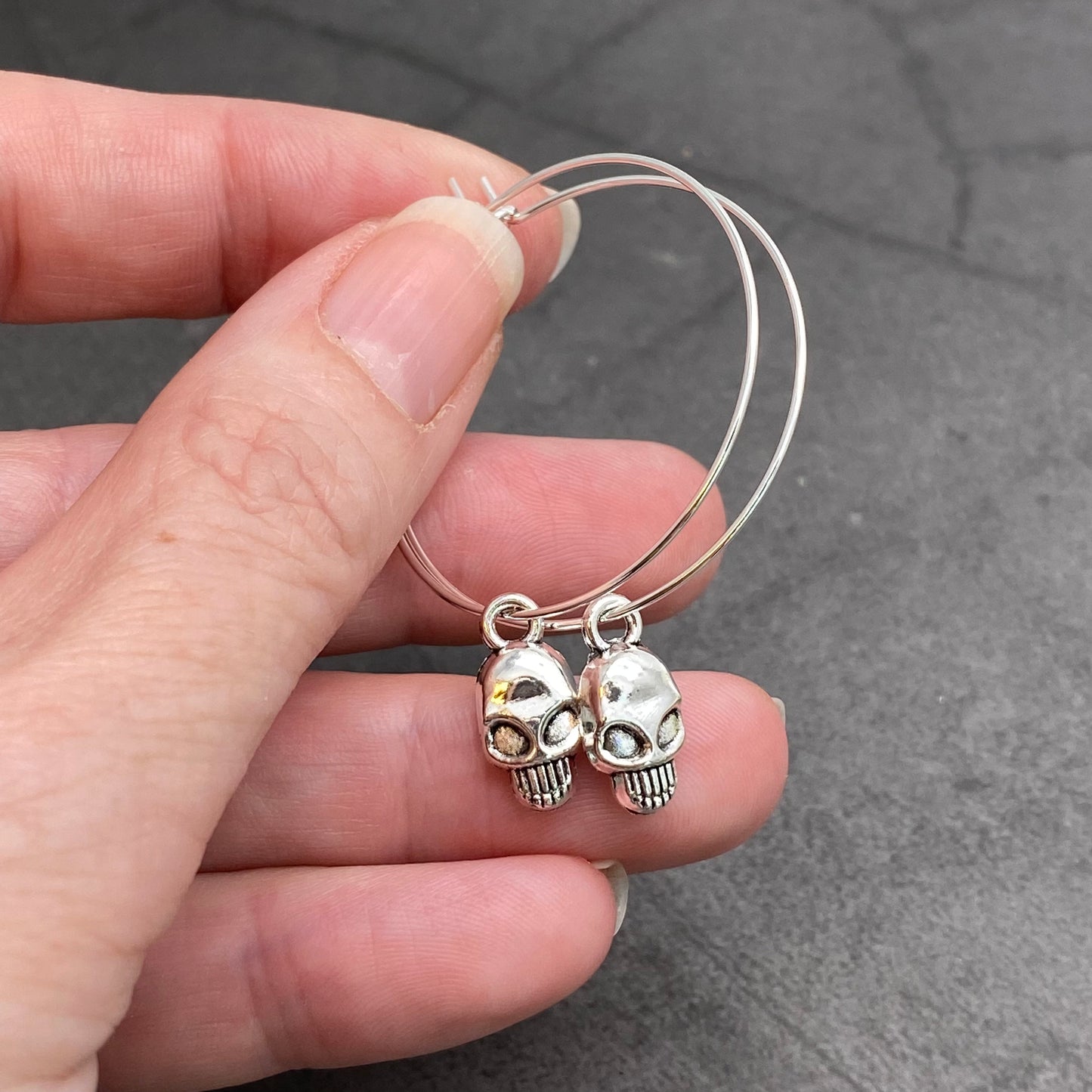 Skull Charm Silver Plated Hoop Earrings : 35mm Diameter