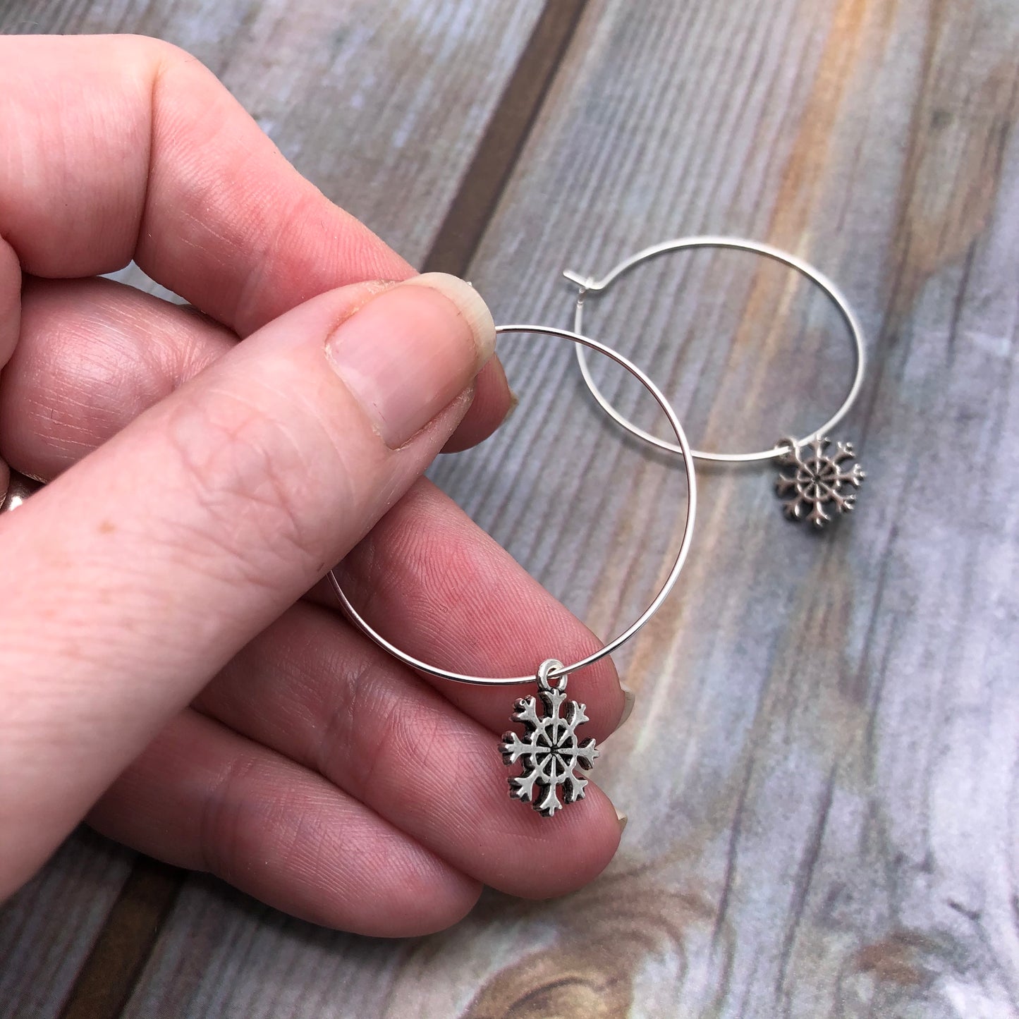 Snowflake Charm Silver Plated Hoop Earrings : 35mm Diameter