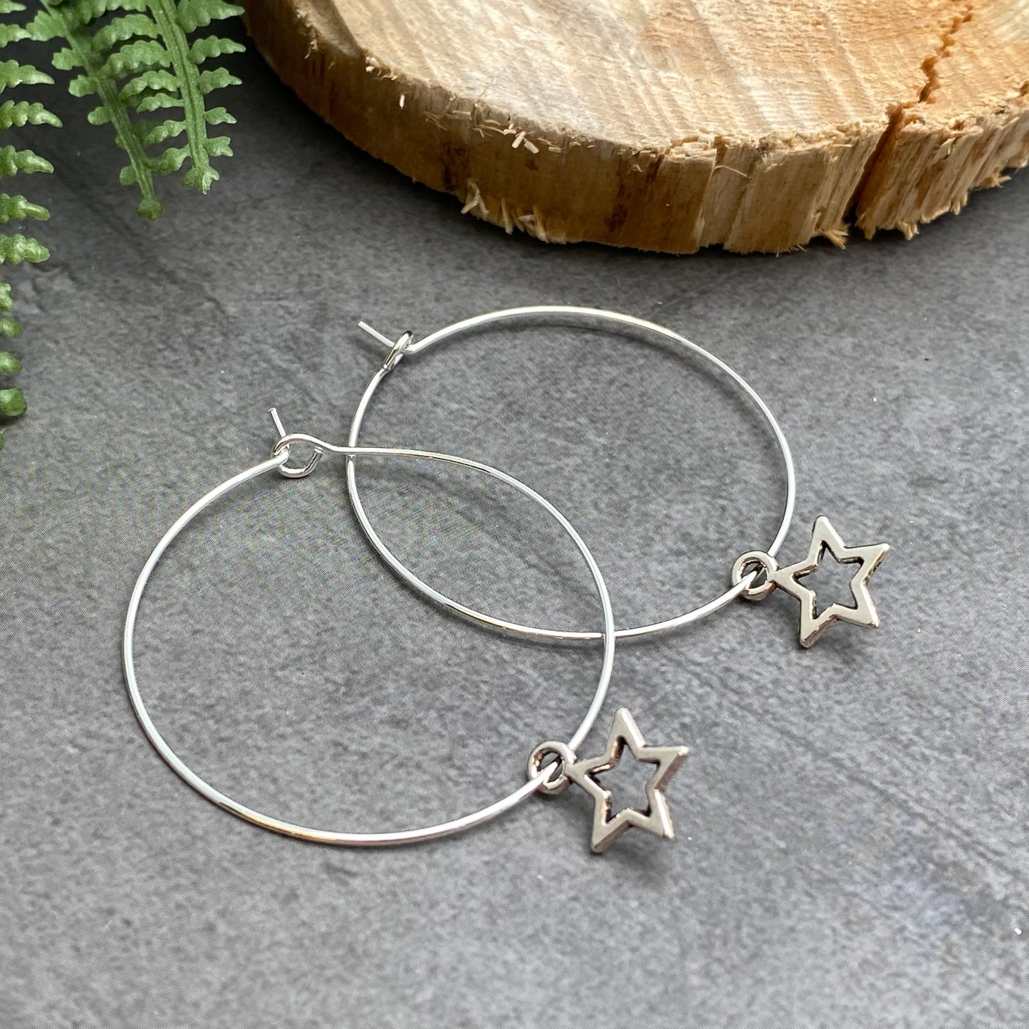 Small Star Charm Silver Plated Hoop Earrings : 35mm Diameter