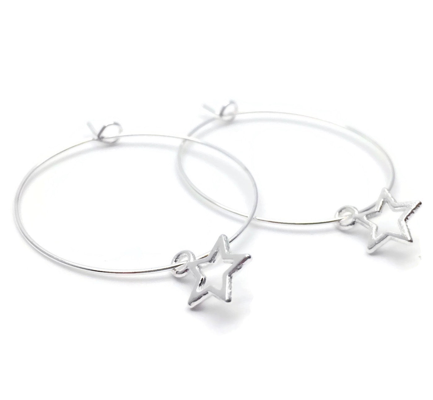 Small Star Charm Silver Plated Hoop Earrings : 35mm Diameter