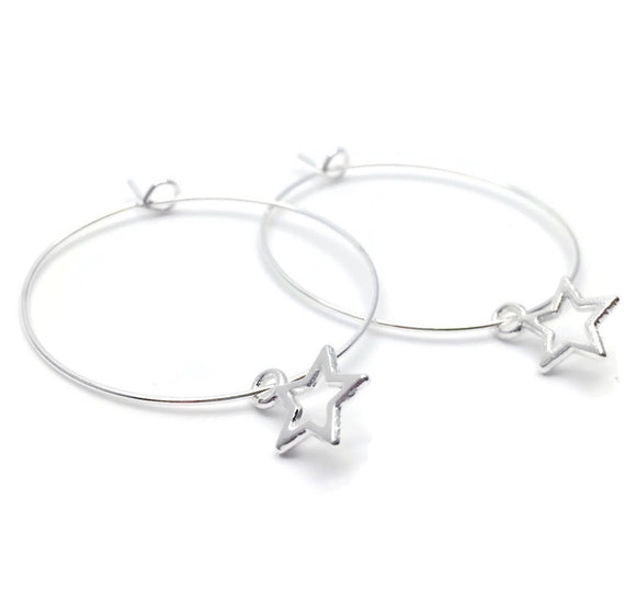 Small Star Charm Silver Plated Hoop Earrings : 35mm Diameter