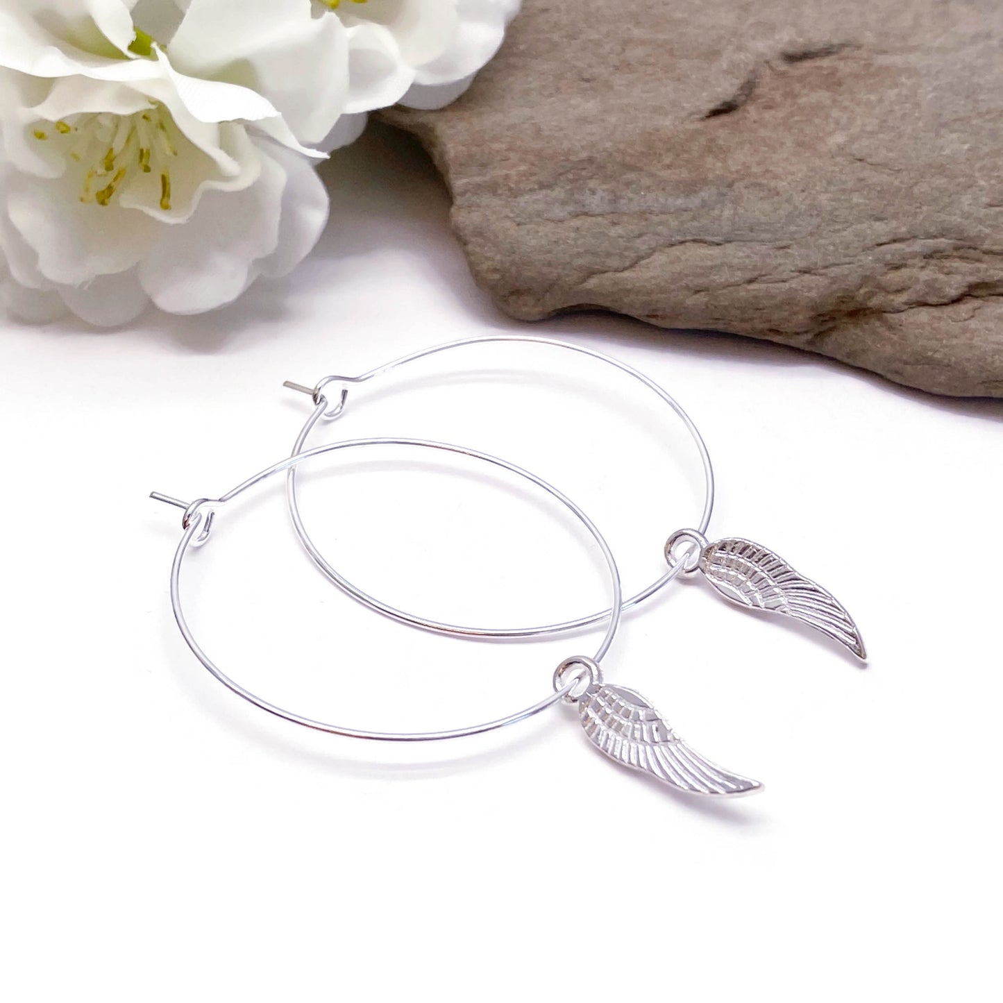 Angel Wings Charm Silver Plated Hoop Earrings : 35mm Diameter